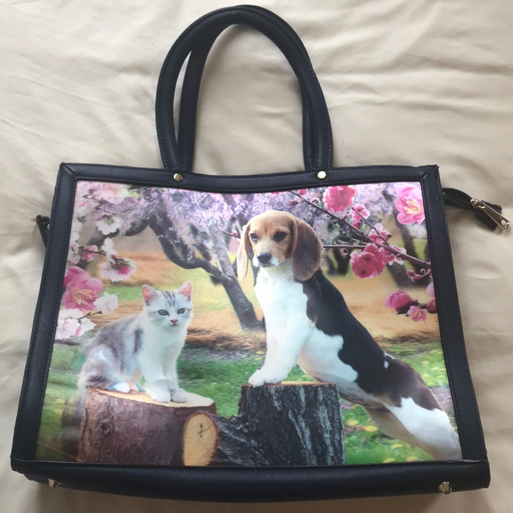 Hologram dog and cat print tote